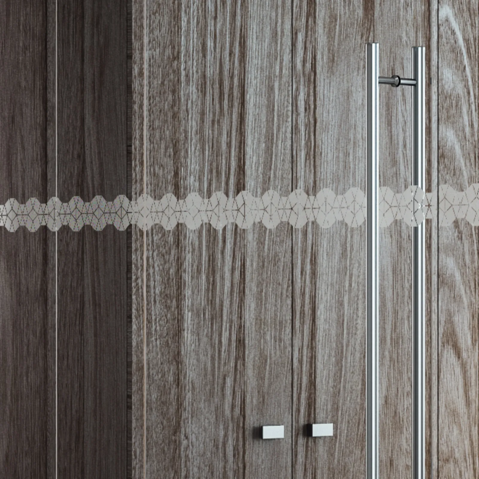 Simulation : porte vitrée devant un mur en bois sombre, traversée d’une frise en mosaïque (vue 2)