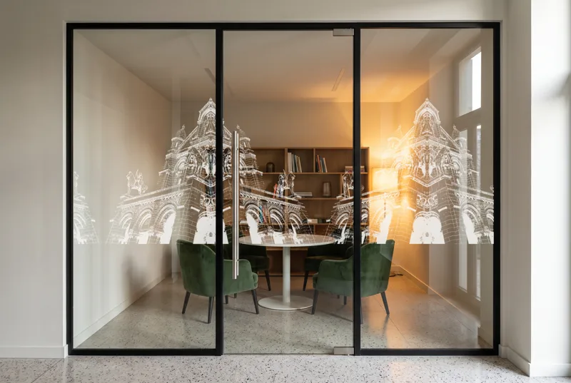 Simulation : vitrophanie Sacré Cœur 1 en film blanc sur la porte vitrée d'un petit salon de travail, bande de 118 cm à l'échelle