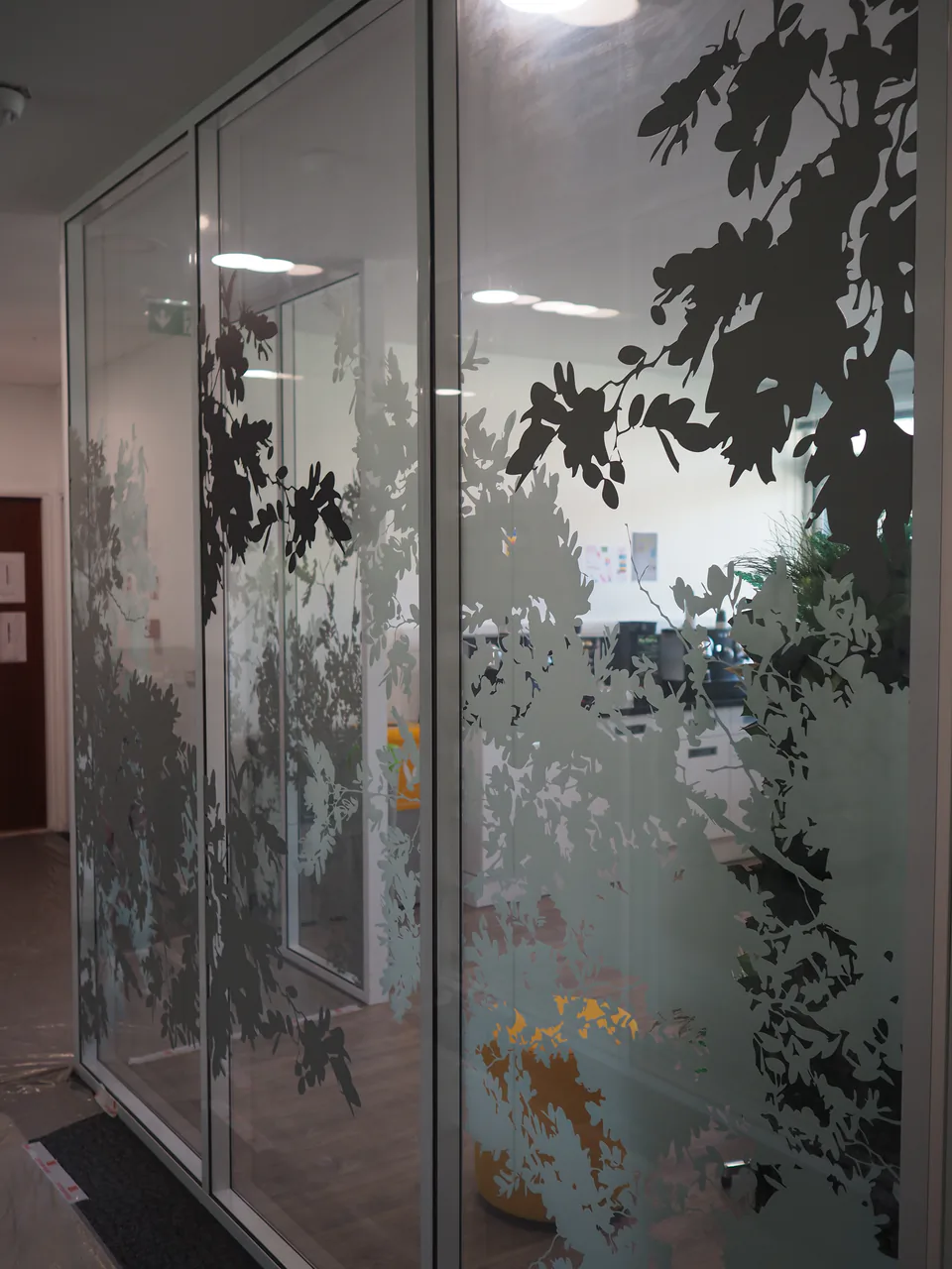 Film vitrage décoratif à motif de feuillage découpé bicolore posé sur une cloison vitrée de bureaux Veolia