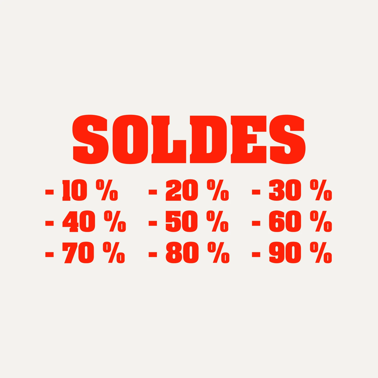 Sticker soldes Affiche rouge : grandes lettres SOLDES et remises de -10 % à -90 %