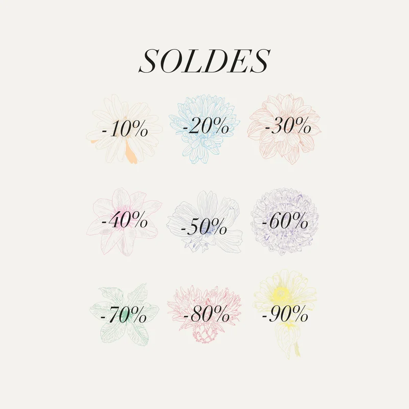 Stickers soldes Bouquet : neuf fleurs au trait avec remises de -10 % à -90 %