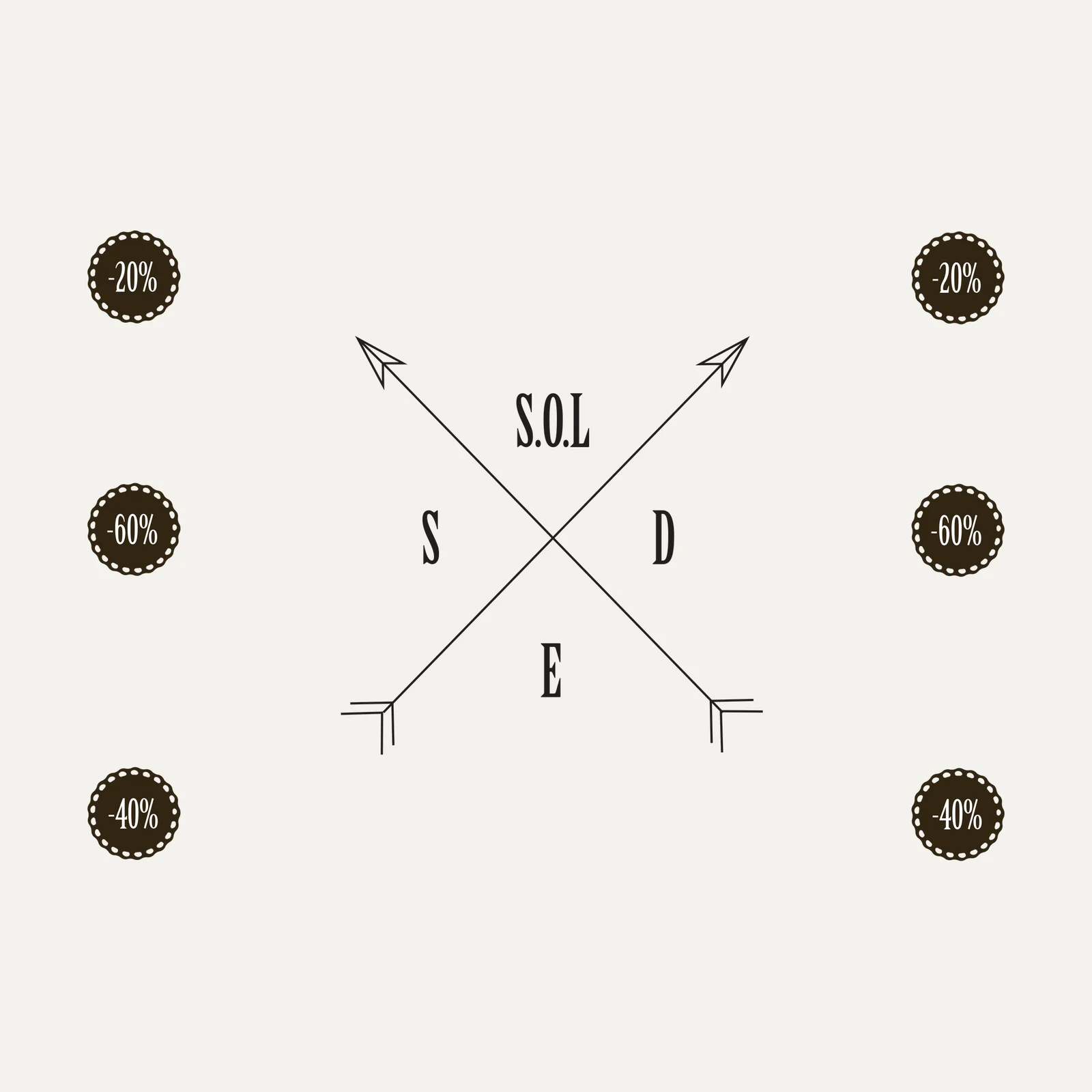 Stickers soldes Boussole : flèches croisées, lettres S.O.L.D.E.S et médaillons de remise