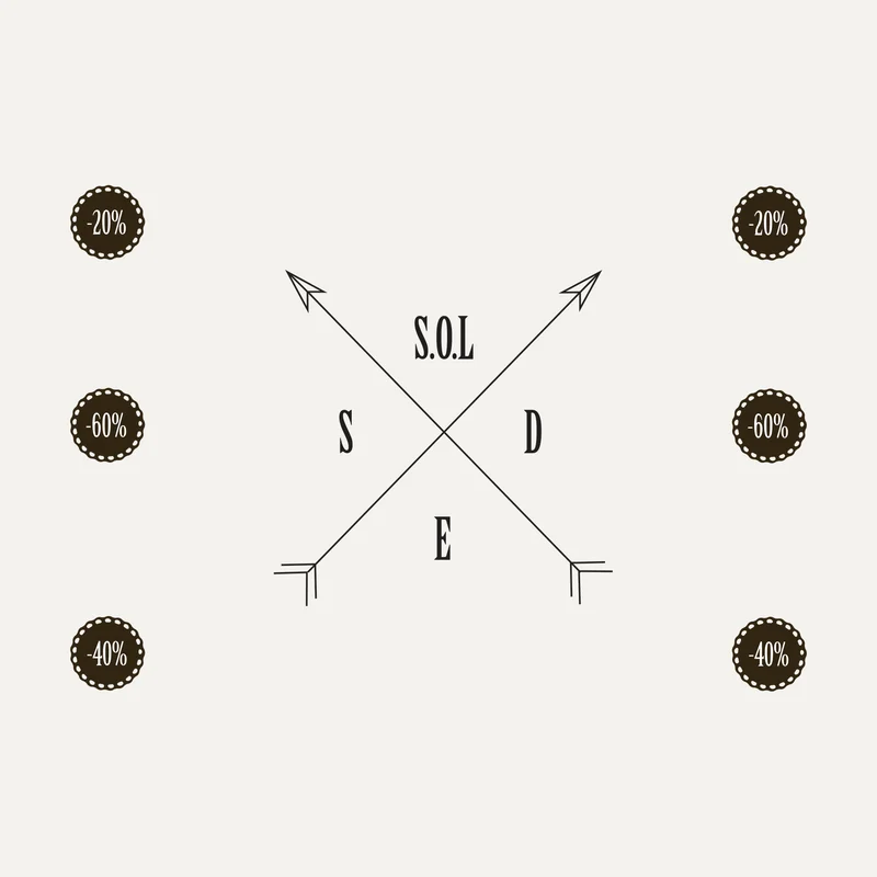 Stickers soldes Boussole : flèches croisées, lettres S.O.L.D.E.S et médaillons de remise