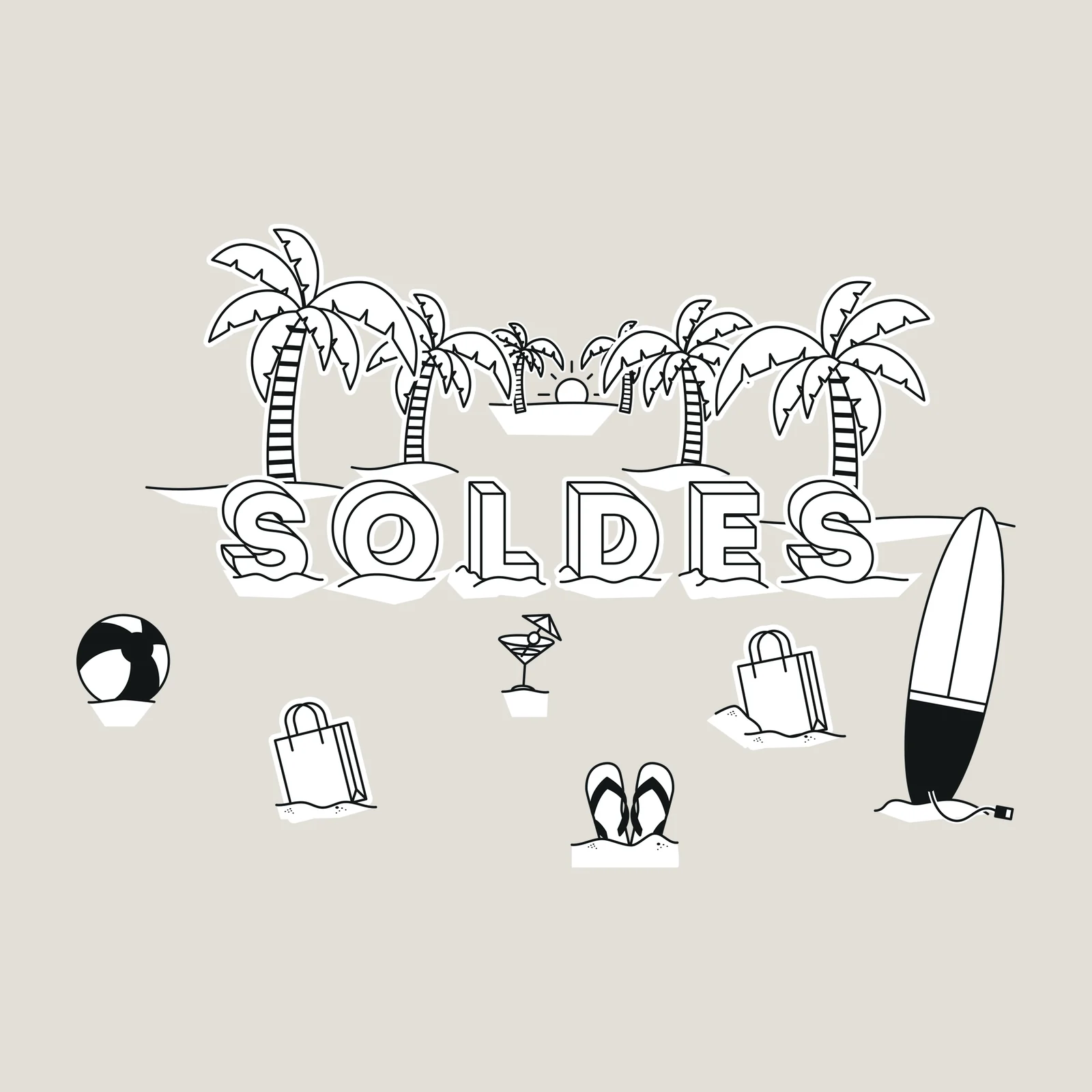 Vitrophanie soldes d'été au trait : palmiers, planche de surf et SOLDES sur le sable