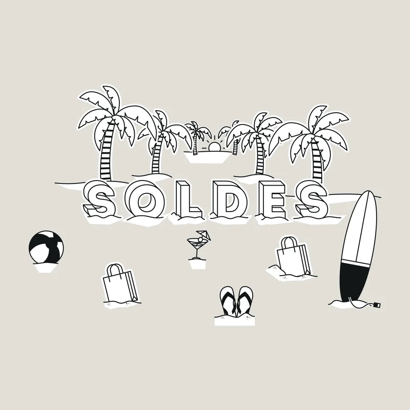 Vitrophanie soldes d'été au trait : palmiers, planche de surf et SOLDES sur le sable