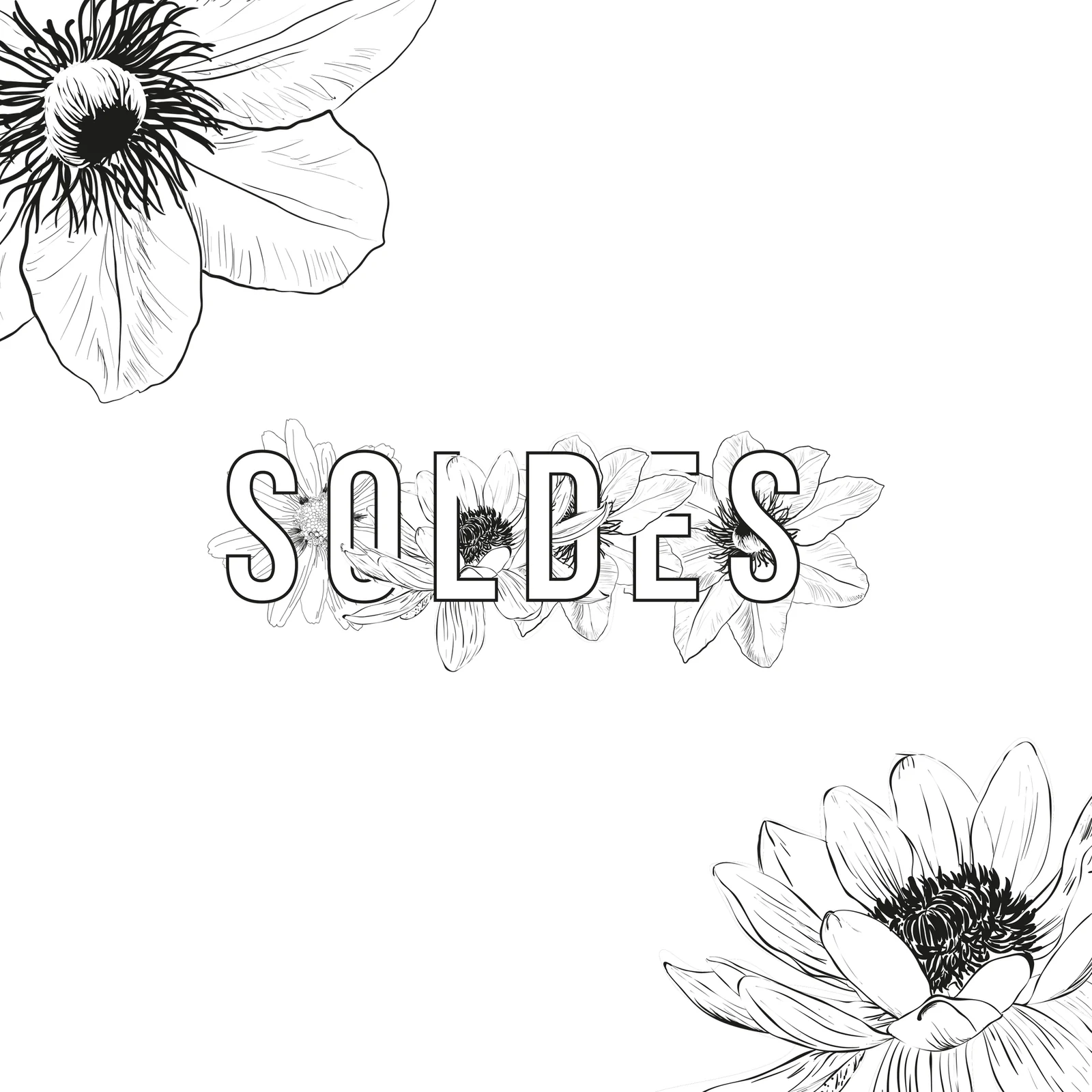 Sticker soldes Floral au trait sur fond blanc : SOLDES entrelacé de fleurs gravées, fleurs dans les angles