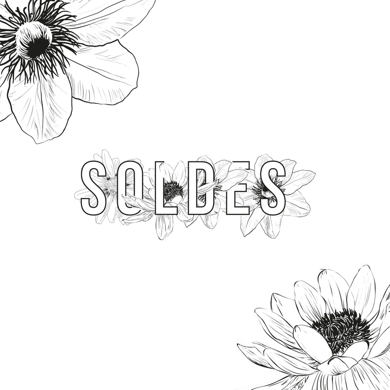 Sticker soldes Floral au trait sur fond blanc : SOLDES entrelacé de fleurs gravées, fleurs dans les angles