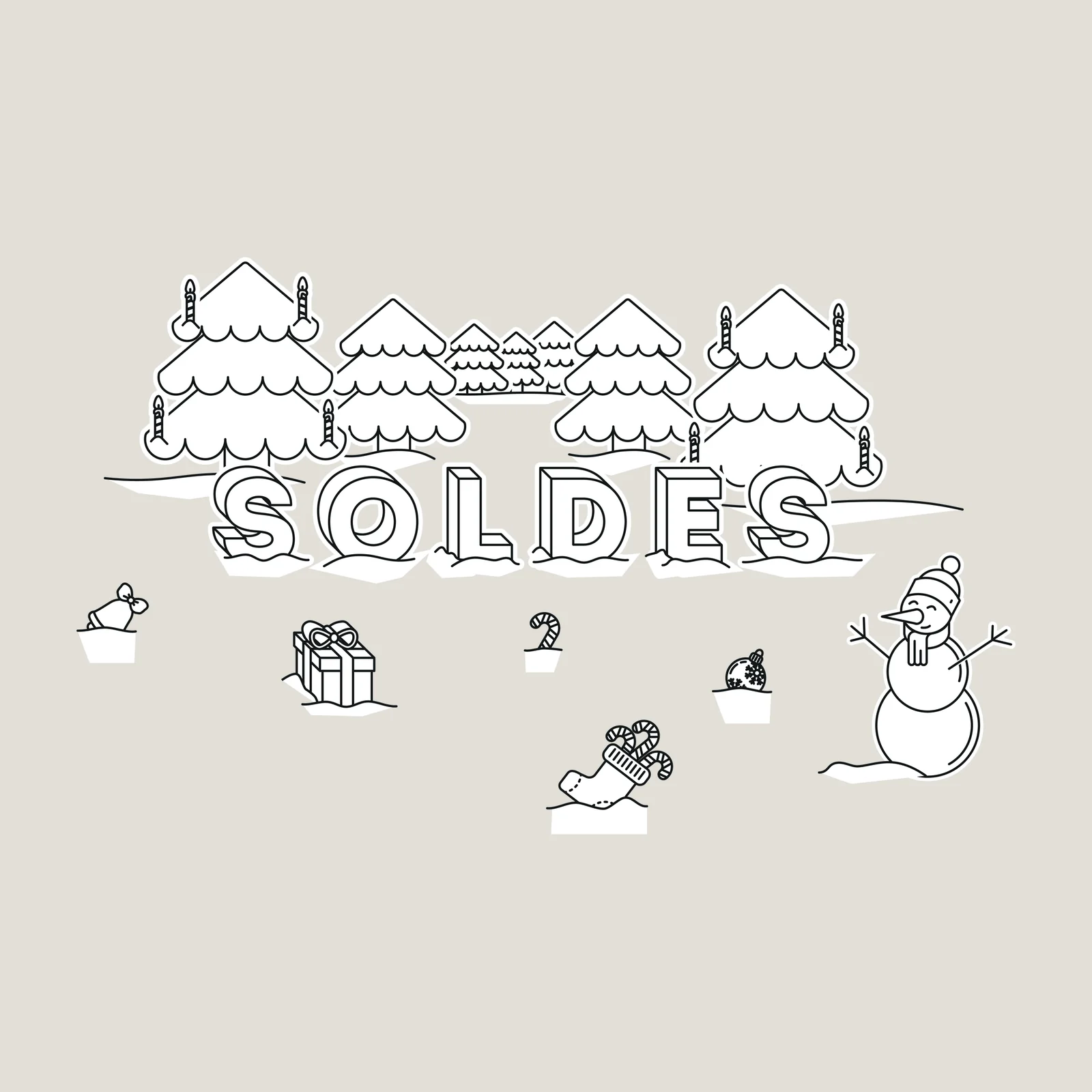 Vitrophanie soldes d'hiver au trait : sapins, bonhomme de neige et SOLDES enneigé
