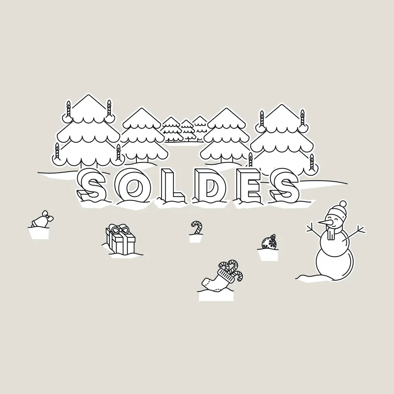 Vitrophanie soldes d'hiver au trait : sapins, bonhomme de neige et SOLDES enneigé
