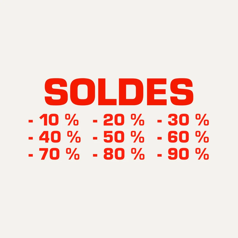 Sticker soldes Impact rouge : SOLDES en lettres grasses et remises de -10 % à -90 %