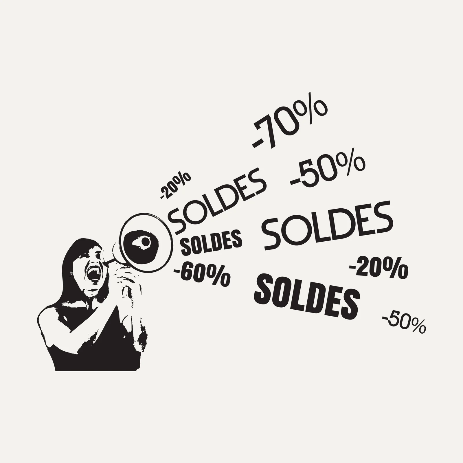 Stickers soldes Mégaphone : silhouette au mégaphone et mots SOLDES