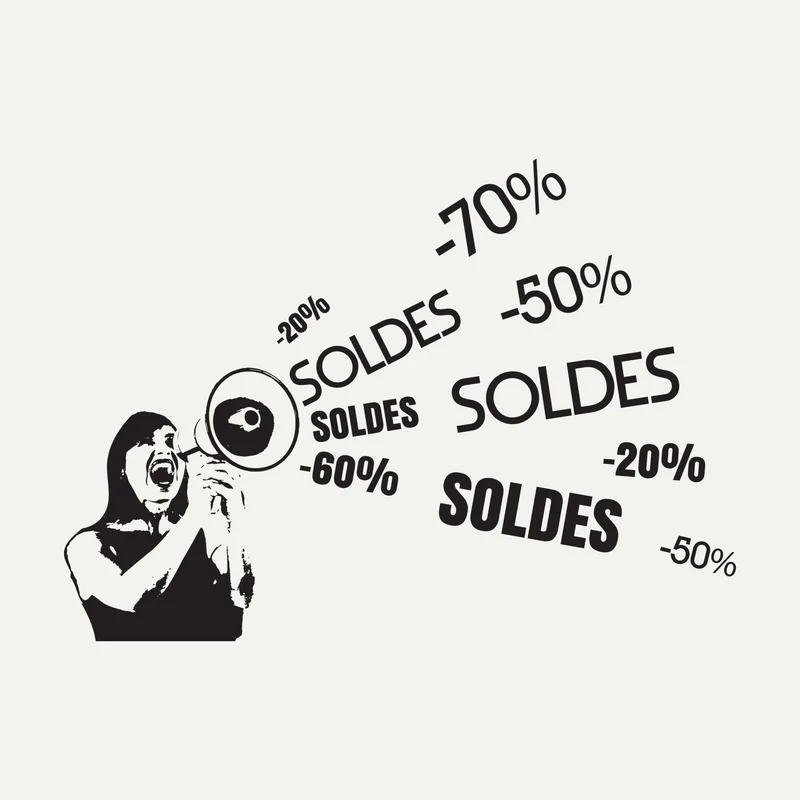 Stickers soldes Mégaphone : silhouette au mégaphone et mots SOLDES