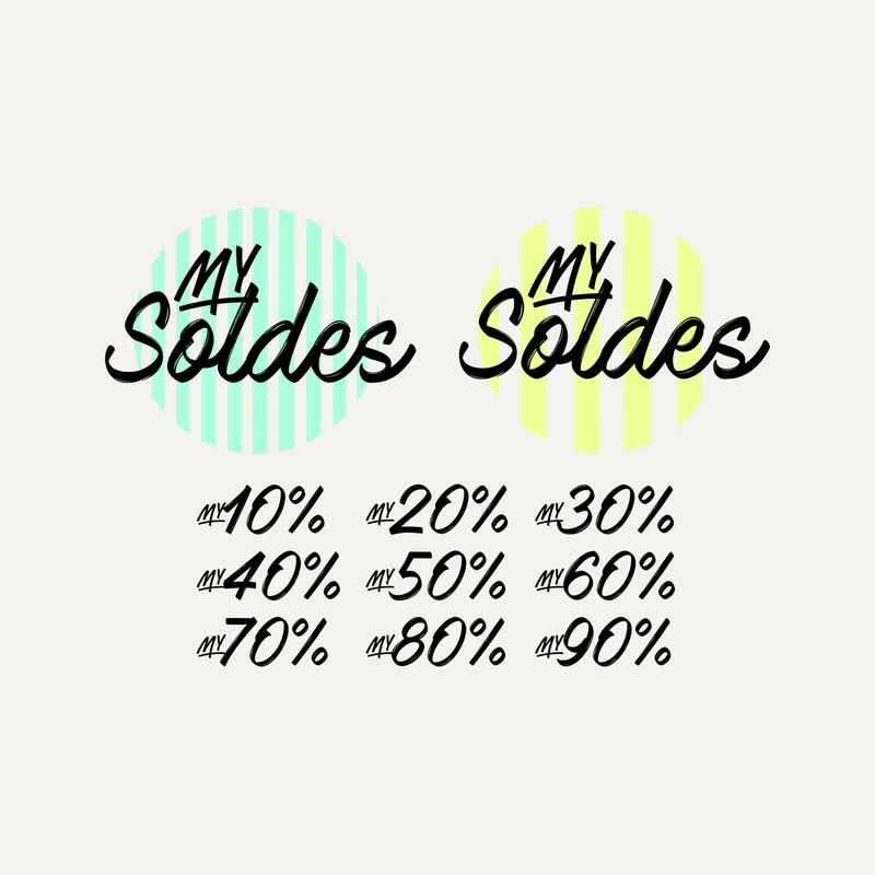 Stickers My Soldes : écriture pinceau sur disque rayé et remises de -10 % à -90 %