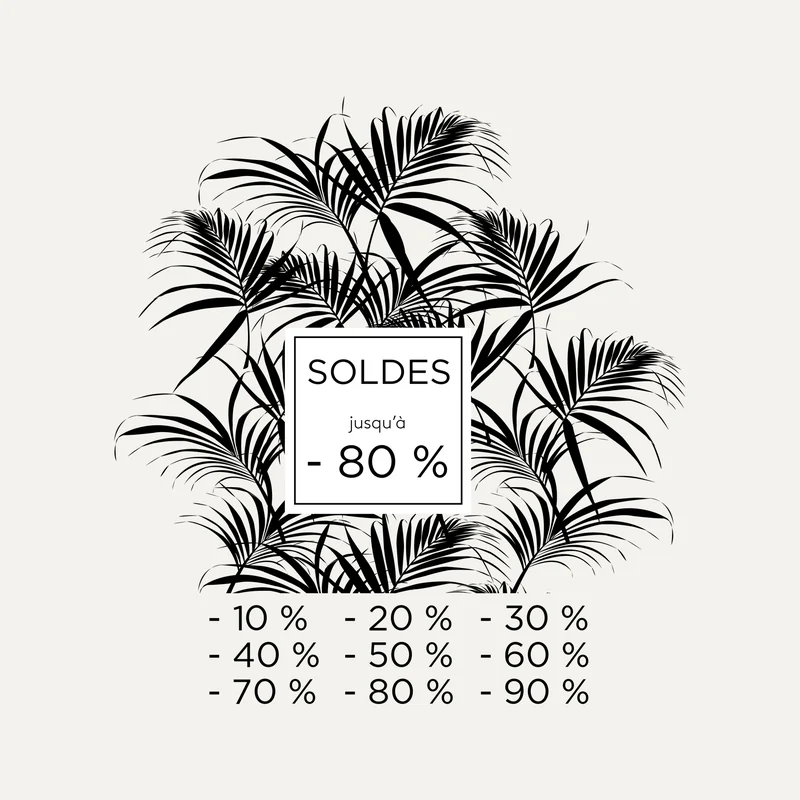 Sticker soldes Palmes noir : palmes autour de SOLDES jusqu'à -80 % et remises de -10 % à -90 %