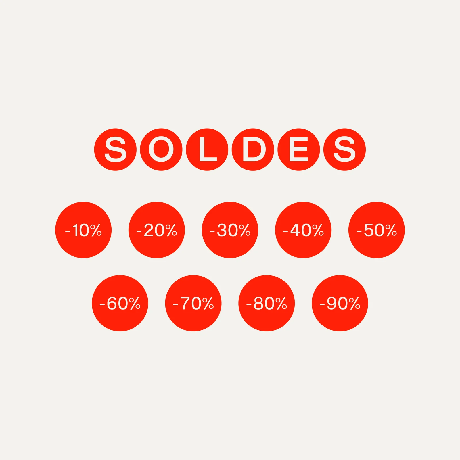 Stickers soldes Pastilles : SOLDES en lettres rondes rouges et pastilles de -10 % à -90 %
