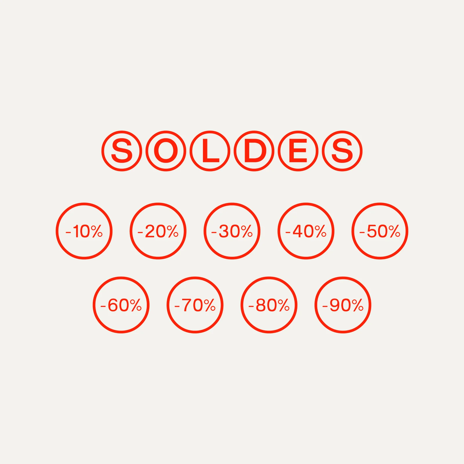 Sticker soldes Pastilles, version contour : lettres et remises de -10 % à -90 % cerclées de rouge