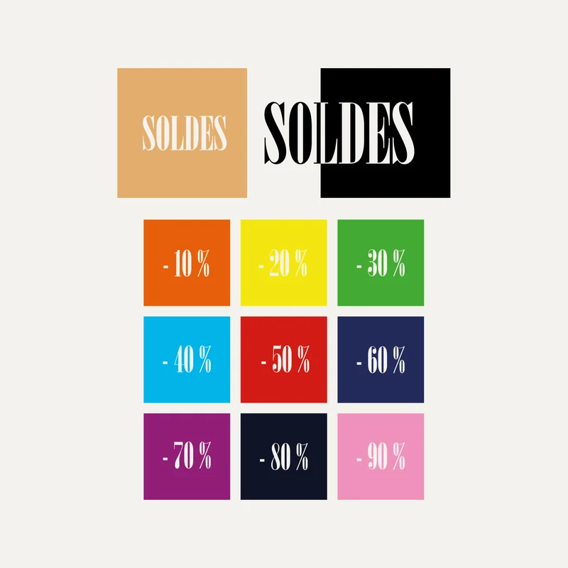 Stickers soldes Pavés couleur : neuf carrés de couleur de -10 % à -90 % et pavés SOLDES