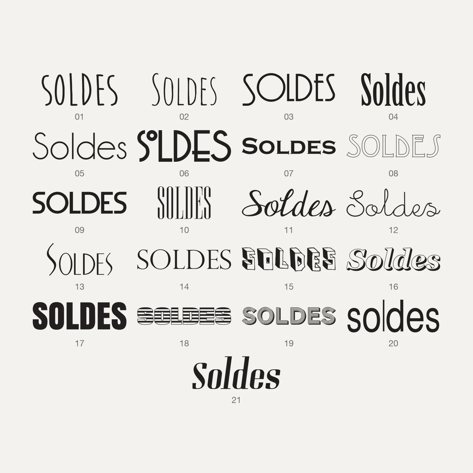 Stickers soldes personnalisés : 21 typos avec le mot Soldes, numérotées de 01 à 21