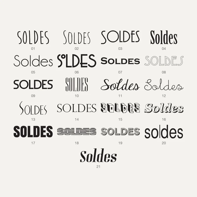 Stickers soldes personnalisés : 21 typos avec le mot Soldes, numérotées de 01 à 21