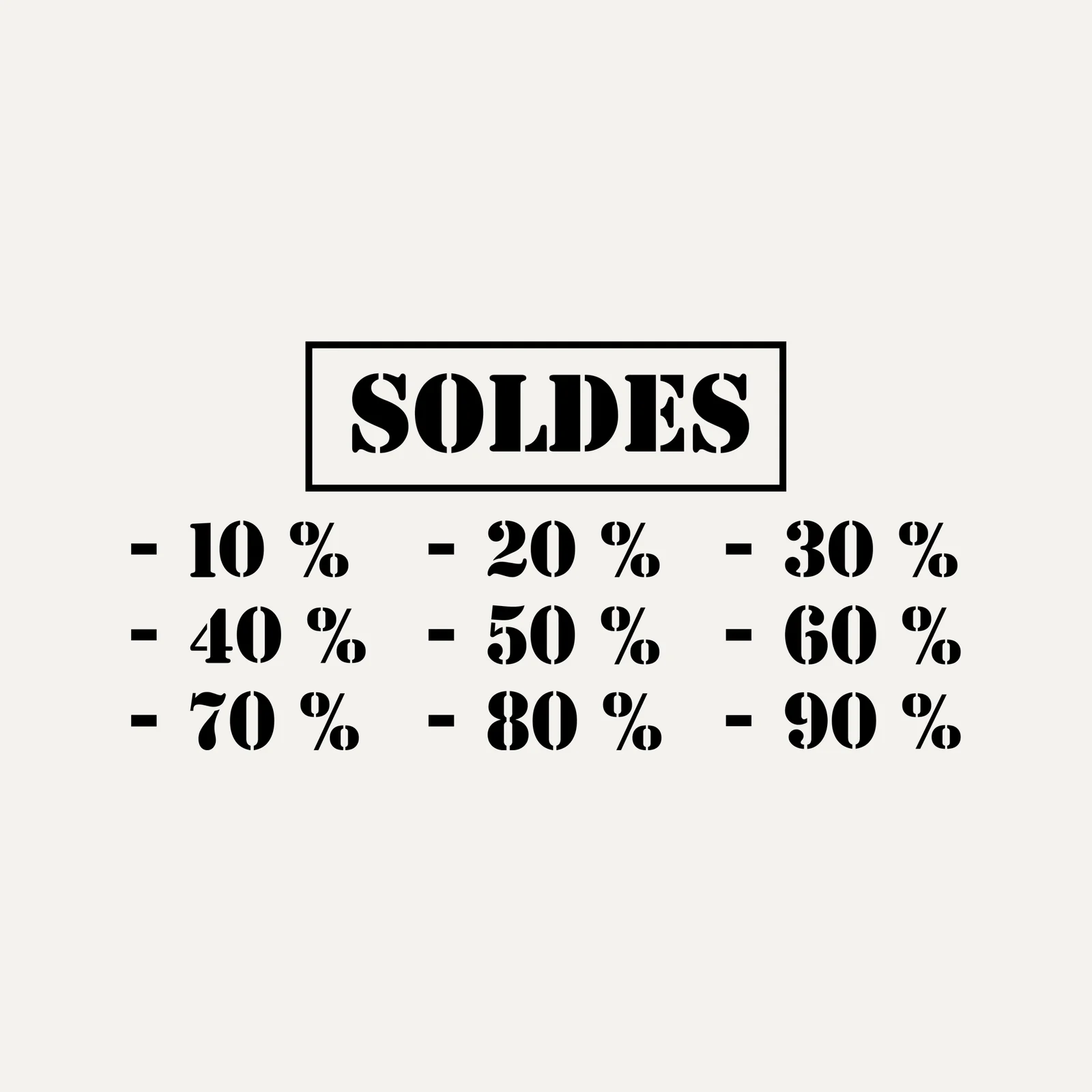Sticker soldes Pochoir noir : mot SOLDES encadré et remises de -10 % à -90 %