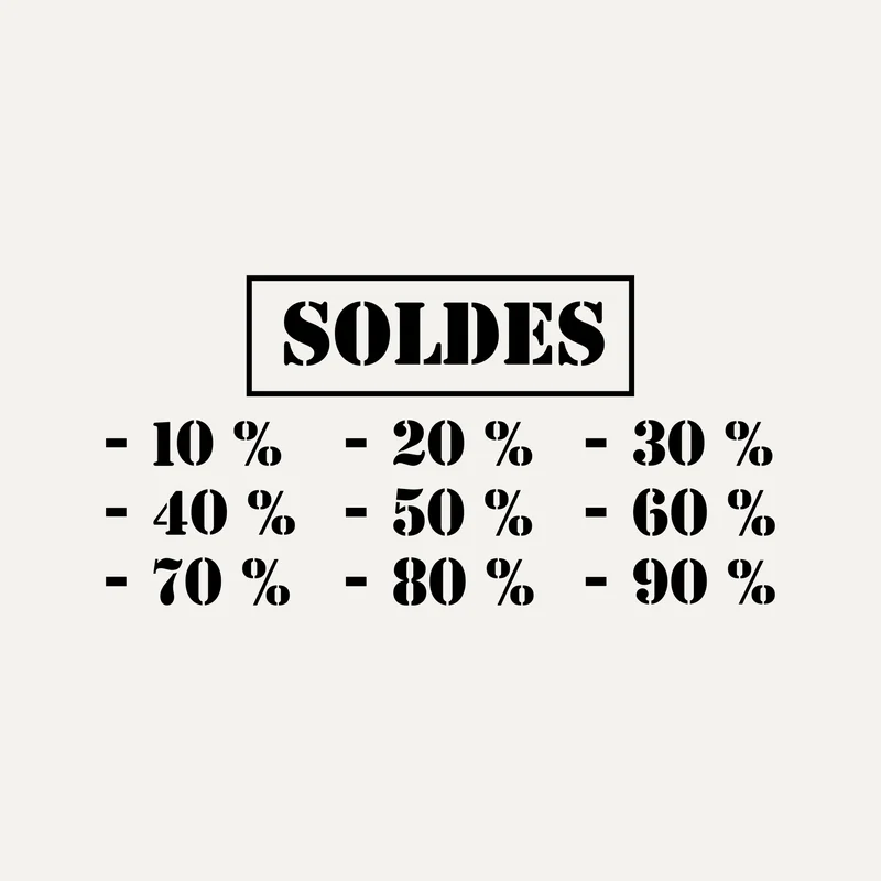 Sticker soldes Pochoir noir : mot SOLDES encadré et remises de -10 % à -90 %
