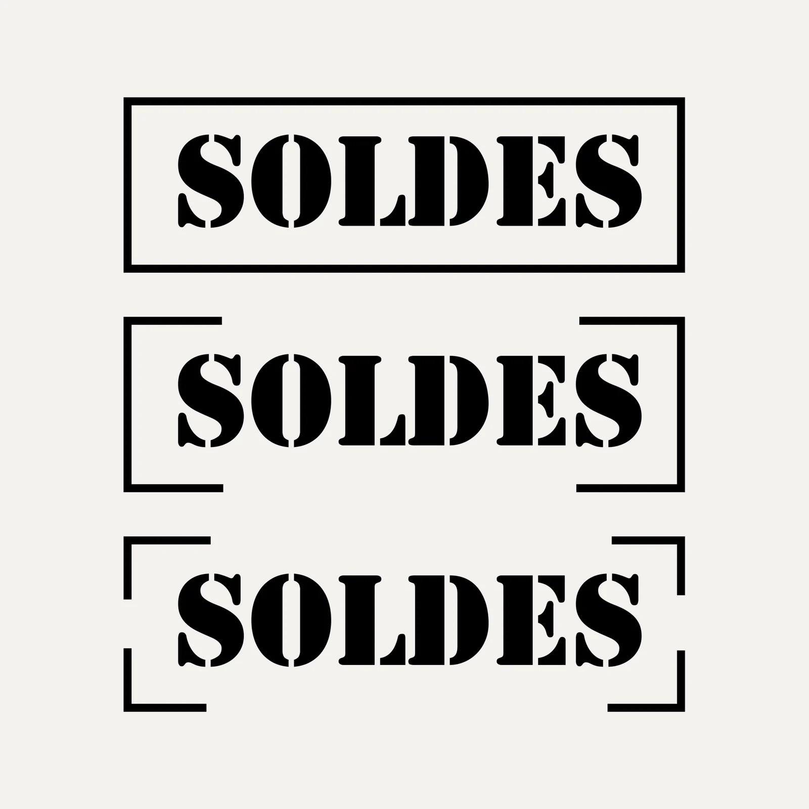 Les trois cadres du sticker soldes Pochoir : cadre plein, cadre ouvert, coins