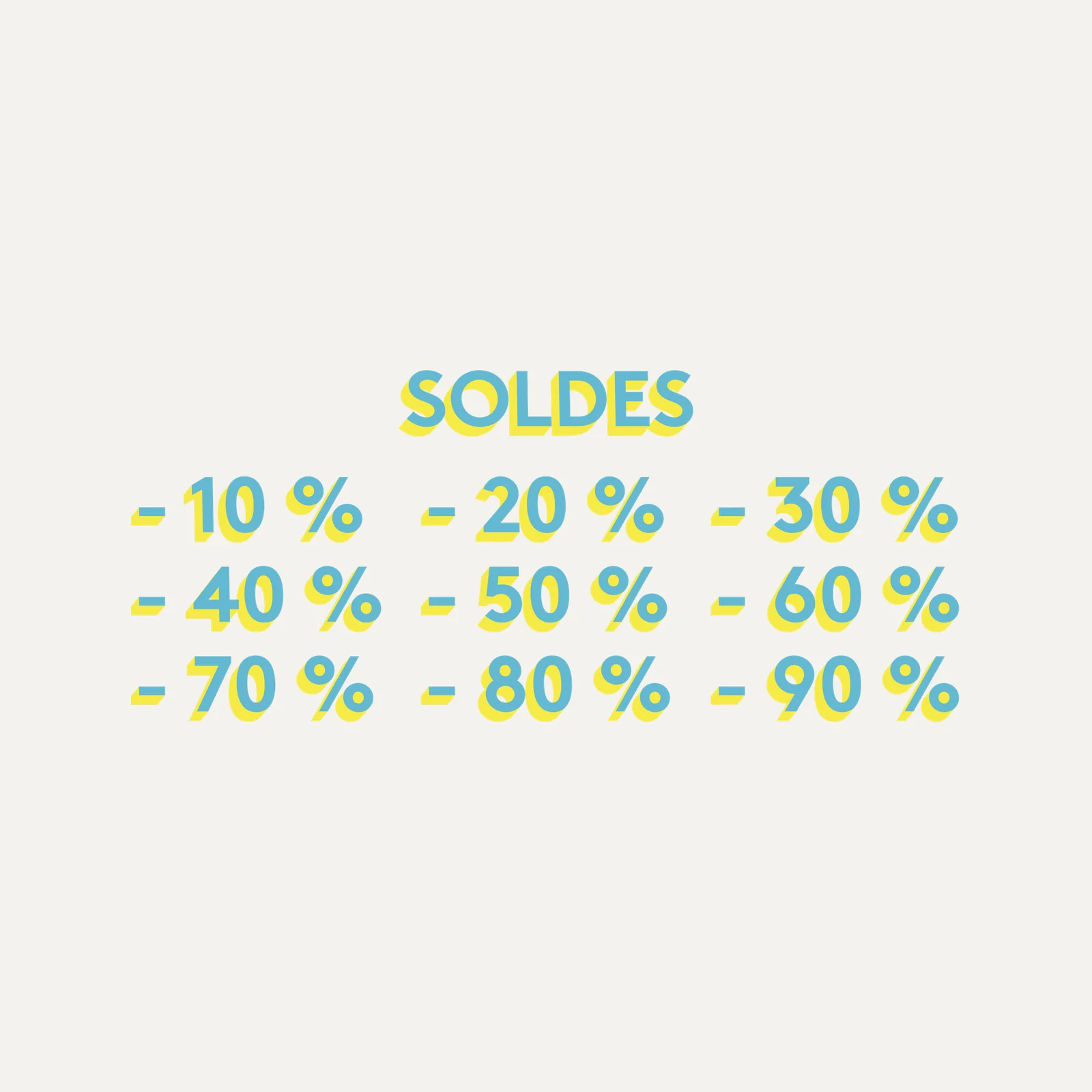 Stickers soldes Summer : SOLDES en relief bleu et jaune et remises de -10 % à -90 %