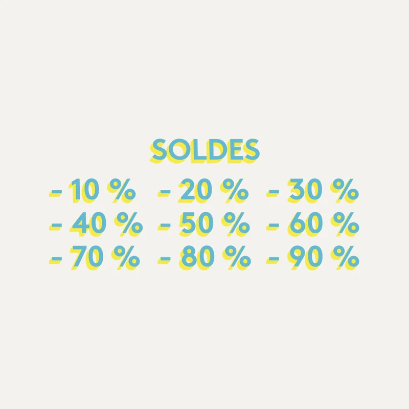 Stickers soldes Summer : SOLDES en relief bleu et jaune et remises de -10 % à -90 %
