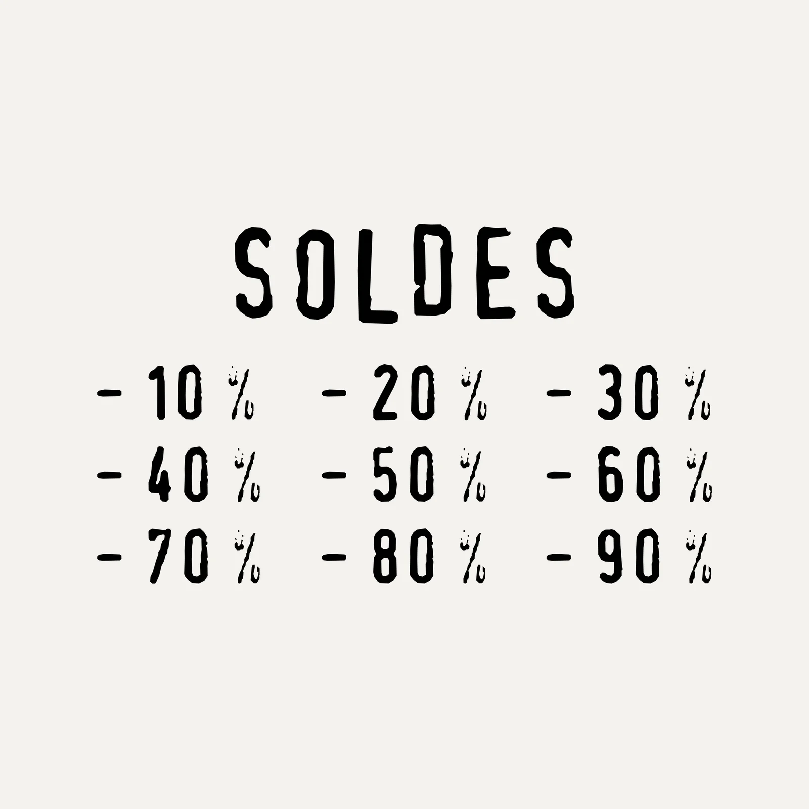 Sticker soldes Trait fin : SOLDES en capitales étroites et remises de -10 % à -90 %