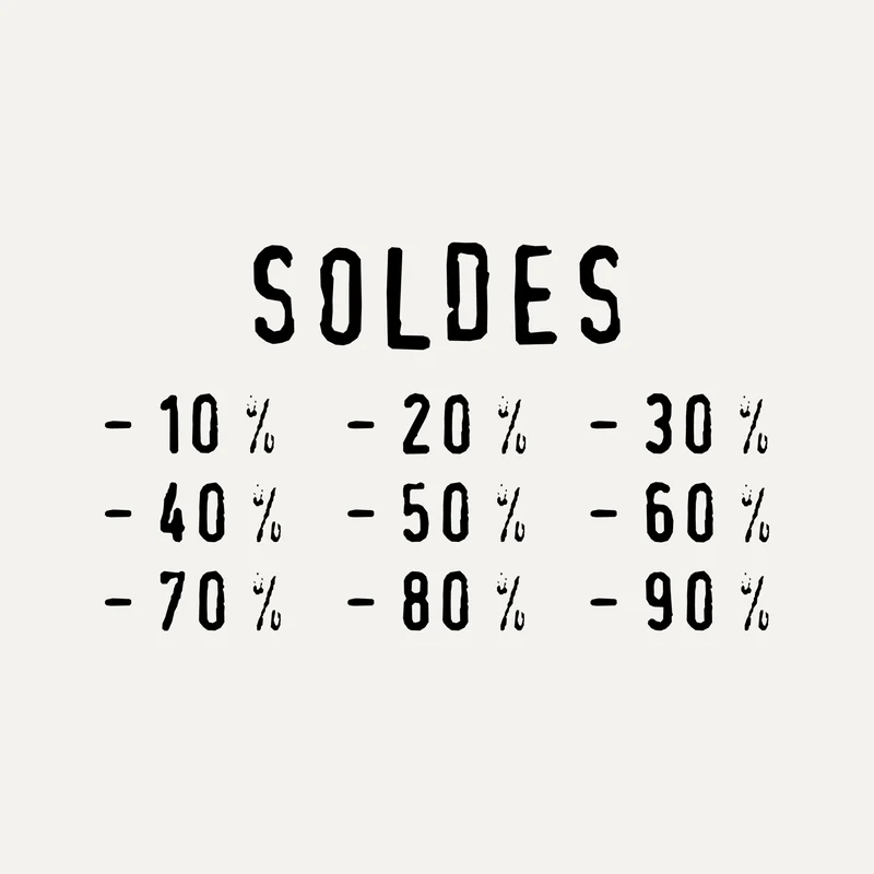 Sticker soldes Trait fin : SOLDES en capitales étroites et remises de -10 % à -90 %