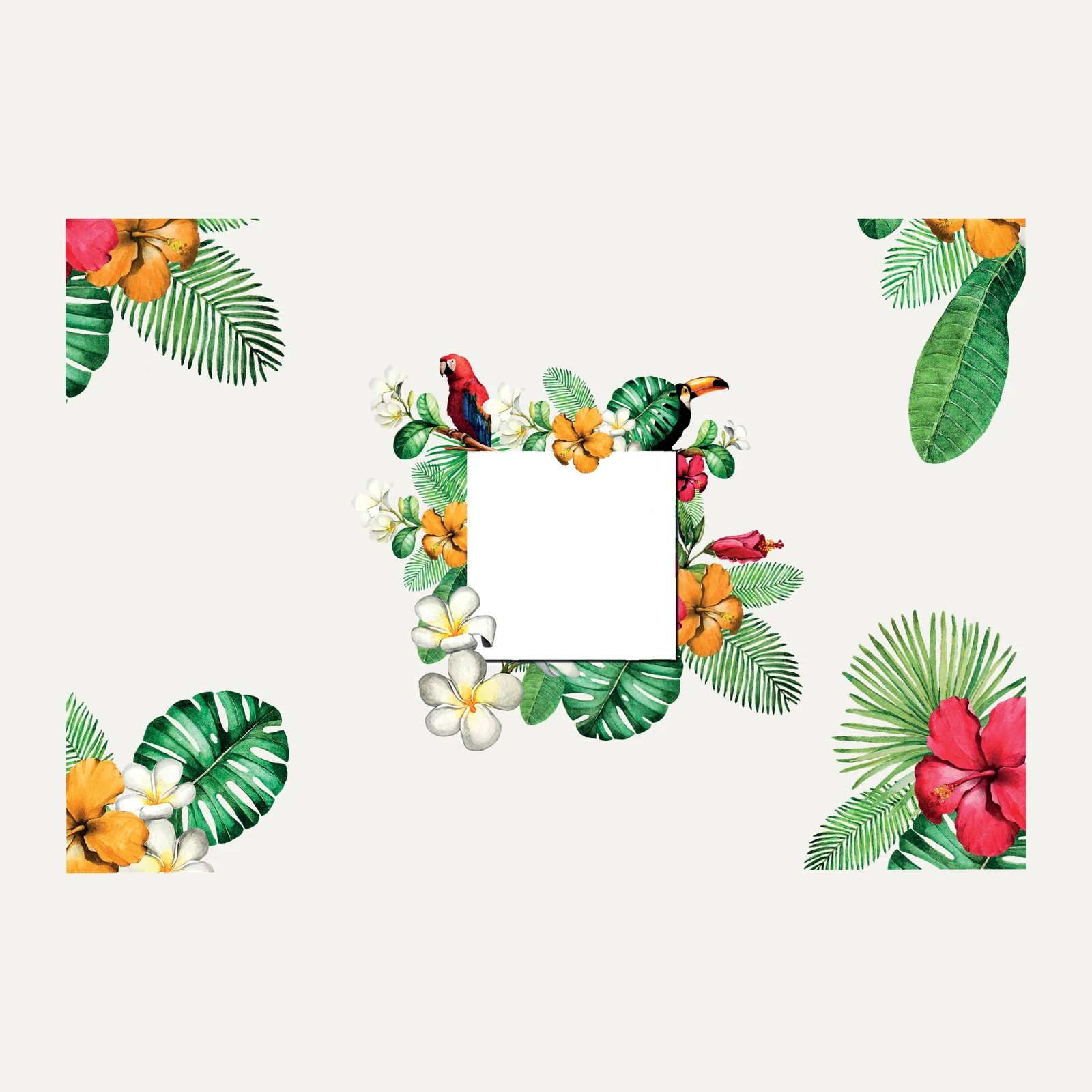 Décor vitrine soldes Tropical : coins fleuris et carré central personnalisable